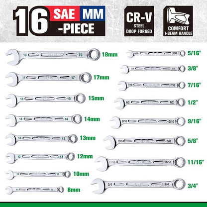 SK Tools - 16 Piece, 12 Point, SAE & Metric Chrome Combination Wrench Set