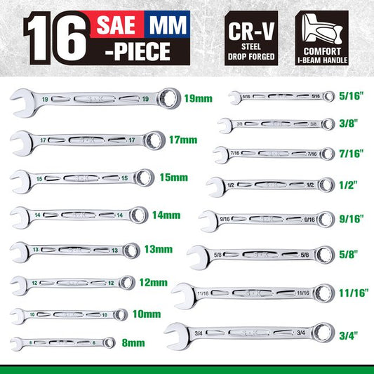 SK Tools - 16 Piece, 12 Point, SAE & Metric Chrome Combination Wrench Set