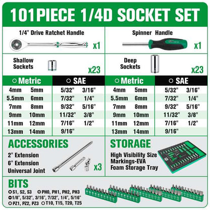 SK Tools - 101 Piece, 1/4 in.- Drive, 6 Point, Shallow & Deep, SAE & Metric Chrome Socket Set with Bits