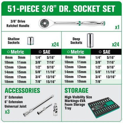 SK Tools - 51 Piece 3/8 in.- Drive, 6 Point, Standard & Deep, SAE & Metric Chrome Socket Set