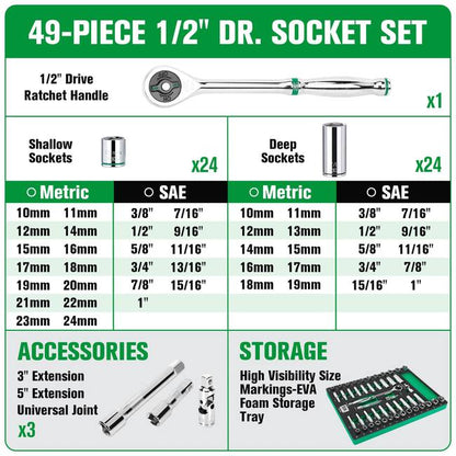 SK Tools - 49 Piece 1/2 in.- Drive, 6 Point, Standard & Deep, SAE & Metric Chrome Socket Set