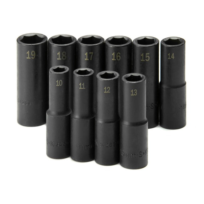 SK Tools - 10 Piece 1/2 in.- Drive 6 Point Deep Metric Impact Socket Set