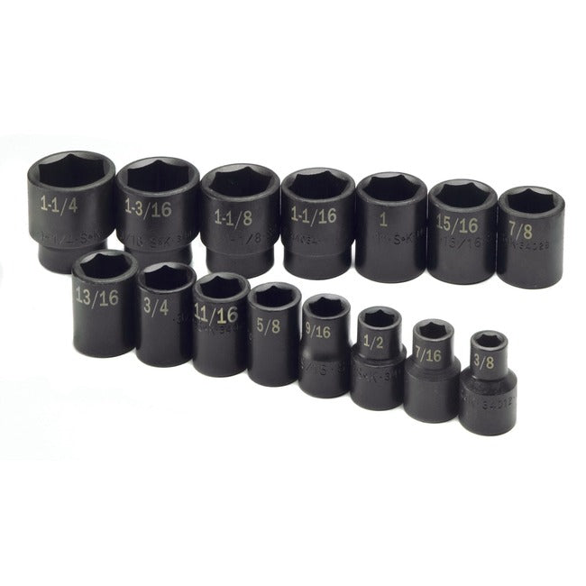SK Tools - 15 Piece 1/2 in.- Drive 6 Pt Standard Fractional Impact Socket Set
