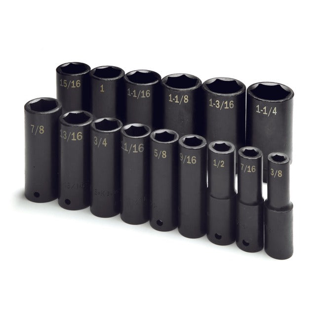 SK Tools - 15 Piece 1/2 in.- Drive 6 Point Fractional Deep Impact Socket Set