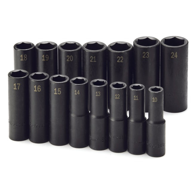 SK Tools - 15 Piece 1/2 in.- Drive 6 Point Metric Deep Impact Socket Set
