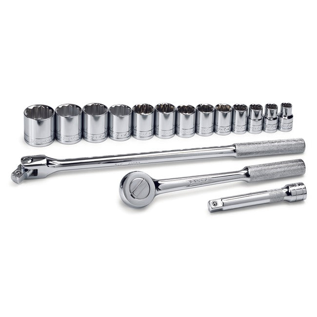 SK Tools - 16 Piece 1/2 in.- Drive 12 Pt Standard Fractional Chrome Socket Set