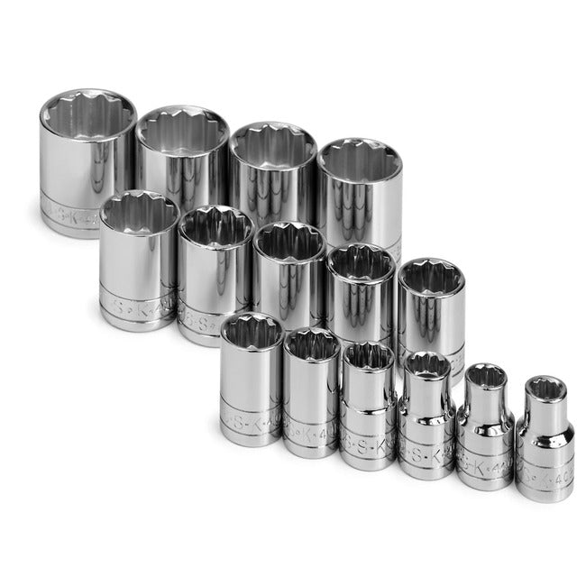 SK Tools - 15 Piece 1/2 in.- Drive 12 Pt Standard Fractional Chrome Socket Set