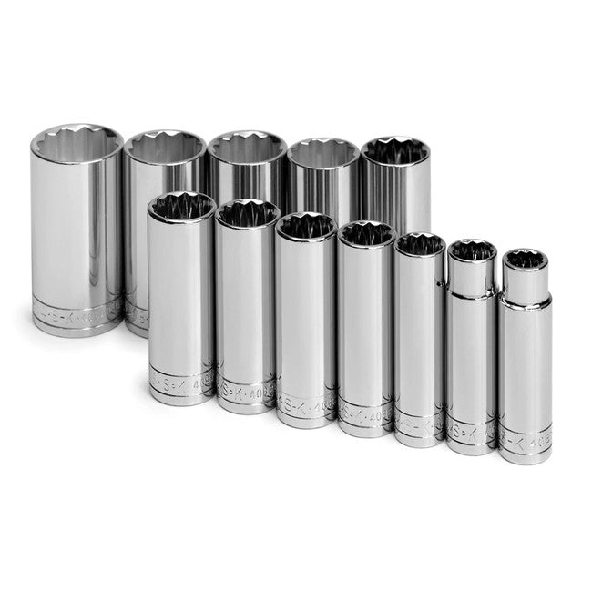 SK Tools - 12 Piece 1/2 in.- Drive 12 Point Deep Fractional Chrome Socket Set