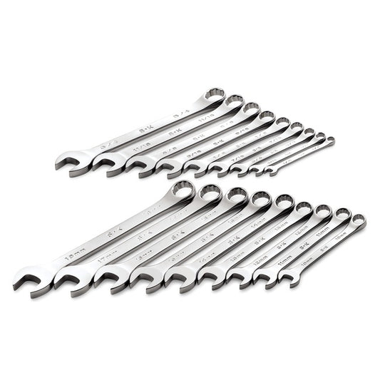 SK Tools - 18 Piece 12 Pt SAE/Metric Regular Combination Chrome Wrench Set