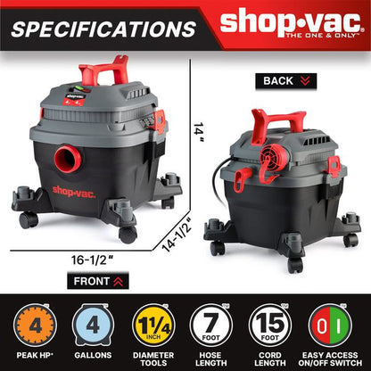 Shop-Vac 5430096 4 Gallon 4.0 Peak HP Wet/Dry Vacuum