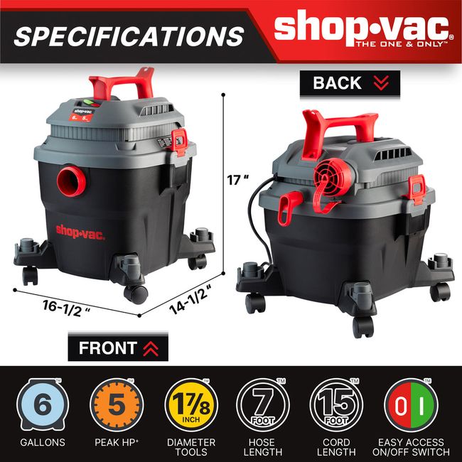 Shop-Vac 5430097 6 Gallon 5.0 Peak HP Wet/Dry Vacuum