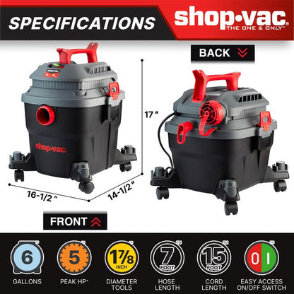 Shop-Vac 5430097 6 Gallon 5.0 Peak HP Wet/Dry Vacuum