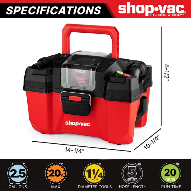 Shop-Vac 5430122 20V 2.5 Gallon Cordless Wet/Dry Vacuum