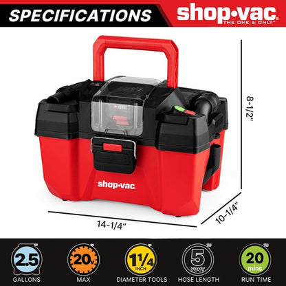Shop-Vac 5430122 20V 2.5 Gallon Cordless Wet/Dry Vacuum