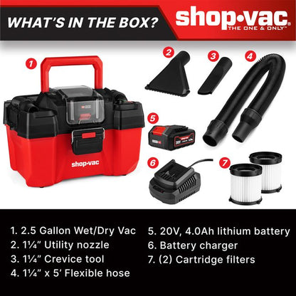 Shop-Vac 5430122 20V 2.5 Gallon Cordless Wet/Dry Vacuum