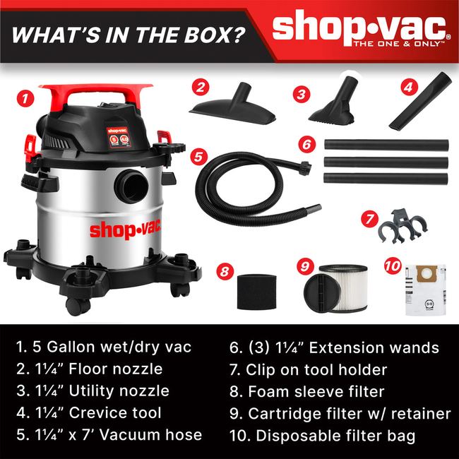 Shop-Vac 5430162 5 Gallon 4 Peak HP Stainless Steel Wet/Dry Vacuum