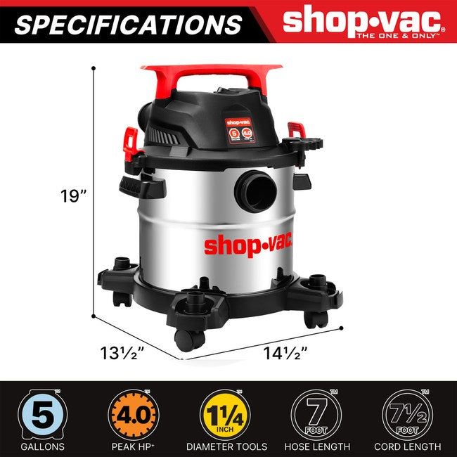 Shop-Vac 5430162 5 Gallon 4 Peak HP Stainless Steel Wet/Dry Vacuum