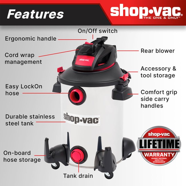 Shop-Vac 5761311 The Shop-Vac® 12 Gallon* 6.0 Peak HP** Stainless Steel Wet/Dry Vacuum