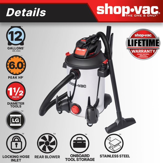Shop-Vac 5761311 The Shop-Vac® 12 Gallon* 6.0 Peak HP** Stainless Steel Wet/Dry Vacuum