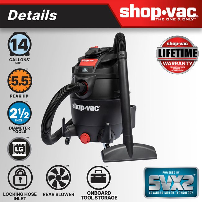 Shop-Vac 5801411 The Shop-Vac® 14 Gallon* 5.5 Peak HP** Wet/Dry Vacuum features the SVX2 Motor Technology