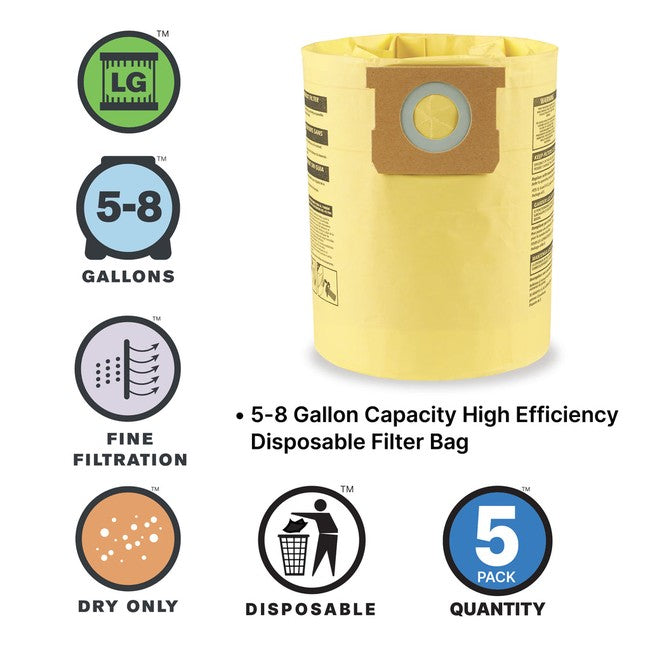 Shop-Vac 9067166 5-8 Gallon High Efficiency Disposable Filter Bags