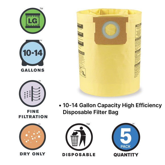 Shop-Vac 9067266 10-14 Gallon High Efficiency Disposable Filter Bags (5 pack)