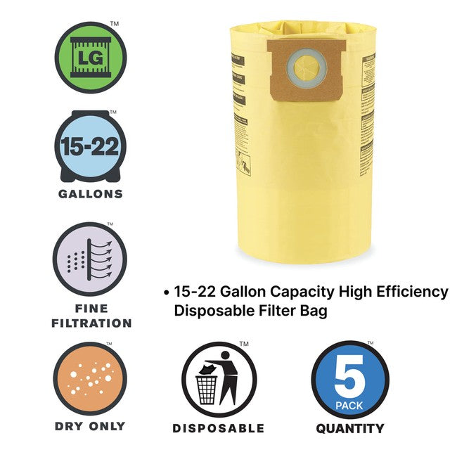 Shop-Vac 9067366 15-22 Gallon High Efficiency Disposable Filter Bags (5 pack)