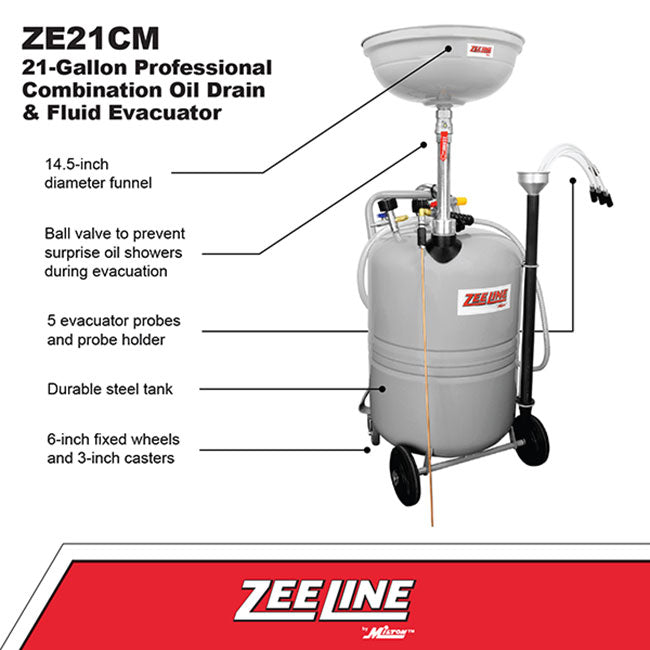 Zeeline ZE21CM 21 Gallon Professional Combination Oil Drain and Fluid Evacuator | Tire Equipment Supply