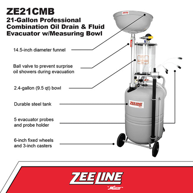 Zeeline ZE21CMB 21 Gallon Professional Grade Combination Oil Drain and Fluid Evacuator with Measuring Bowl | Tire Equipment Supply