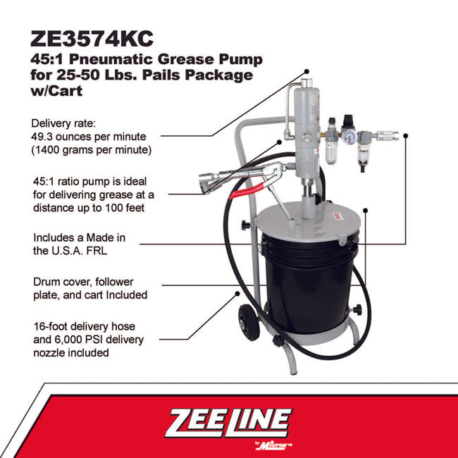 Zeeline by Milton ZE3574KC – 45:1 - Grease Pump For 25 50 lbs. Pails Package With Cart | Tire Equipment Supply