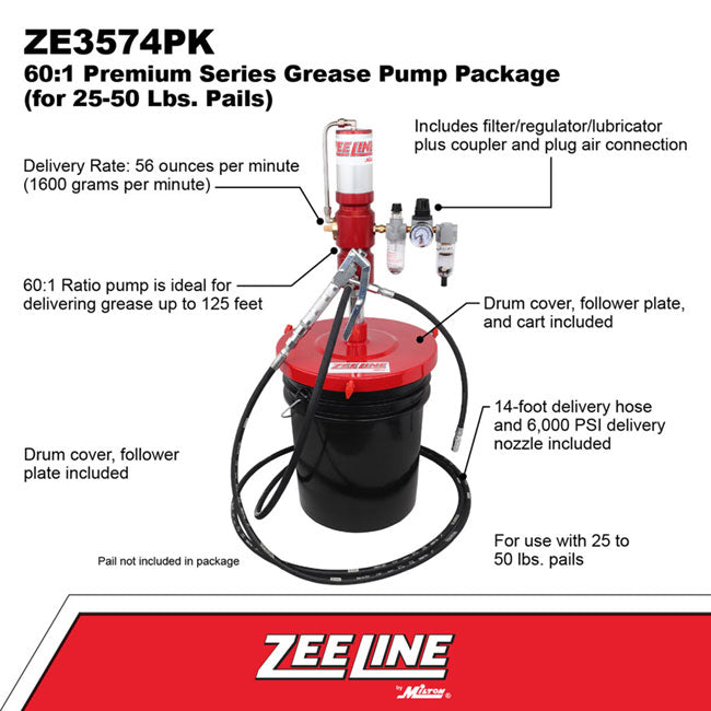 Zeeline by Milton ZE3574PK – 60:1 - Premium Grease Pump For 25 50 lbs. Pails Package | Tire Equipment Supply