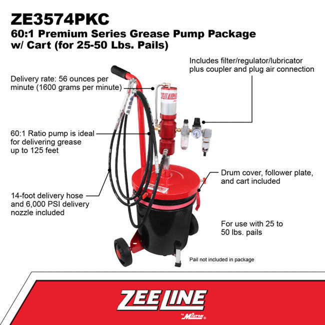Zeeline by Milton ZE3574PKC – 60:1 - Premium Grease Pump For 25 50 lbs. Pails Package With Cart | Tire Equipment Supply