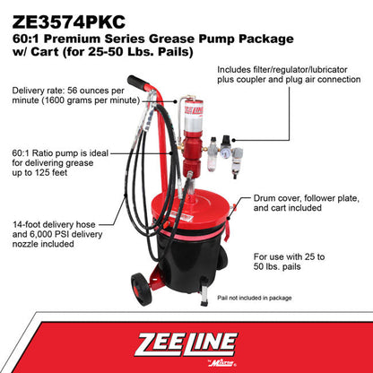 Zeeline by Milton ZE3574PKC – 60:1 - Premium Grease Pump For 25 50 lbs. Pails Package With Cart | Tire Equipment Supply