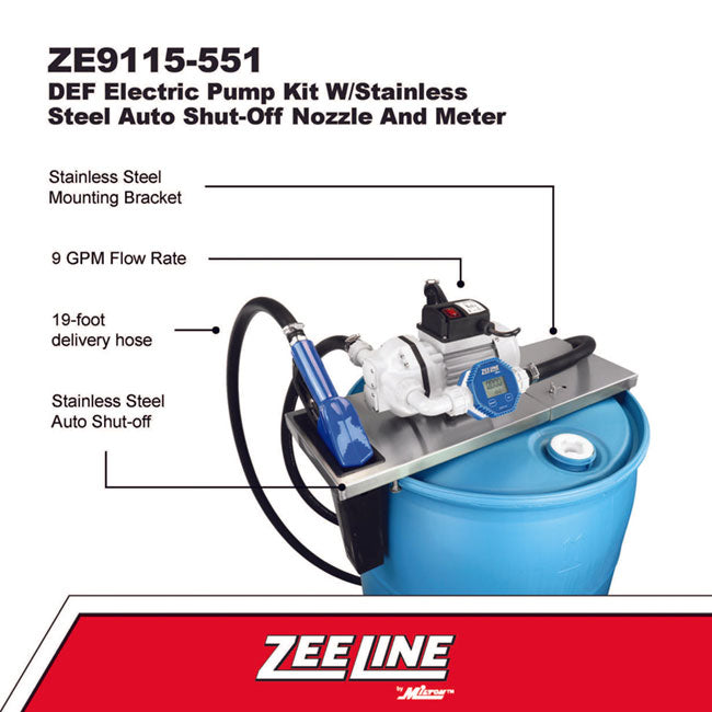 Zeeline ZE9115 551 DEF Electric Pump Kit with Stainless Steel Auto Shut Off Nozzle and Meter | Tire Equipment Supply