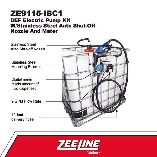Zeeline ZE9115 IBC1 DEF Electric Pump Kit with Stainless Steel Auto Shut Off Nozzle and Meter | Tire Equipment Supply