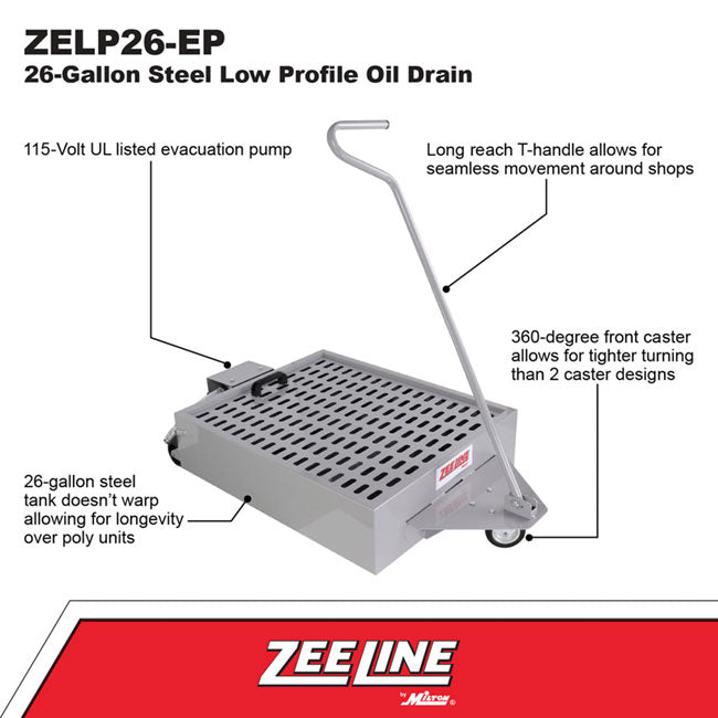 Zeeline ZELP26 EP 26 Gallon Steel Low Profile Oil Drain with Electric Pump | Tire Equipment Supply