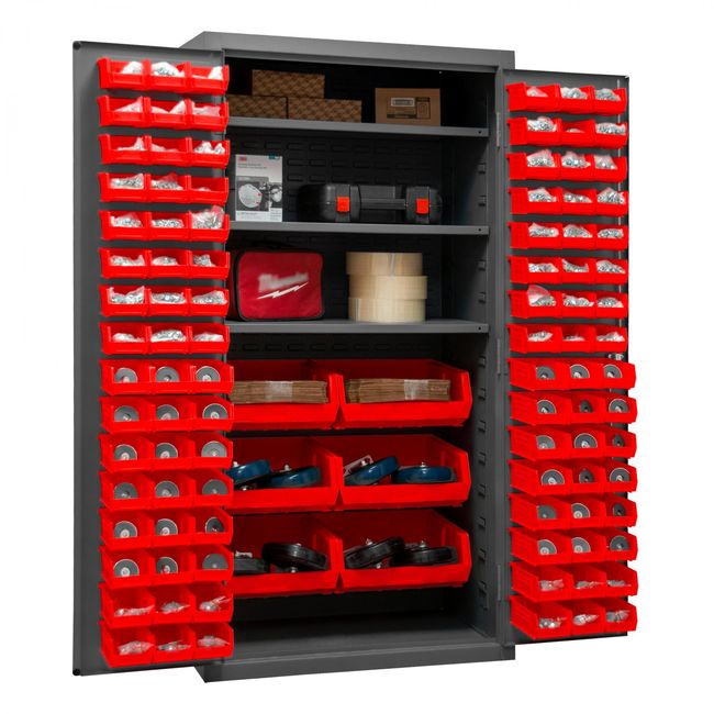 DURHAM MFG 2501-BDLP-102-3S-1795 Cabinet, 3 Shelves, 102 Red Bins