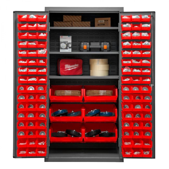 DURHAM MFG 2501-BDLP-102-3S-1795 Cabinet, 3 Shelves, 102 Red Bins