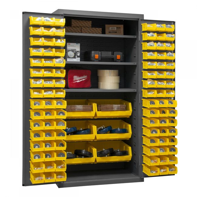 DURHAM MFG 2501-BDLP-102-3S-95 Cabinet, 3 Shelves, 102 Yellow Bins