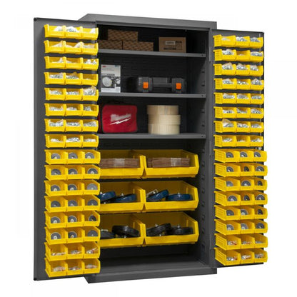 DURHAM MFG 2501-BDLP-102-3S-95 Cabinet, 3 Shelves, 102 Yellow Bins