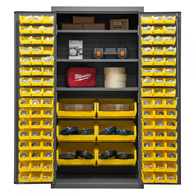 DURHAM MFG 2501-BDLP-102-3S-95 Cabinet, 3 Shelves, 102 Yellow Bins