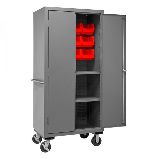 DURHAM MFG 2501M-BLP-12-2S-1795 Mobile Cabinet, 2 Shelves, 12 Red Bins