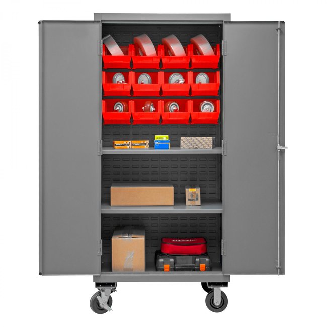 DURHAM MFG 2501M-BLP-12-2S-1795 Mobile Cabinet, 2 Shelves, 12 Red Bins
