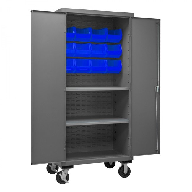 DURHAM MFG 2501M-BLP-12-2S-5295 Mobile Cabinet, 2 Shelves, 12 Blue Bins