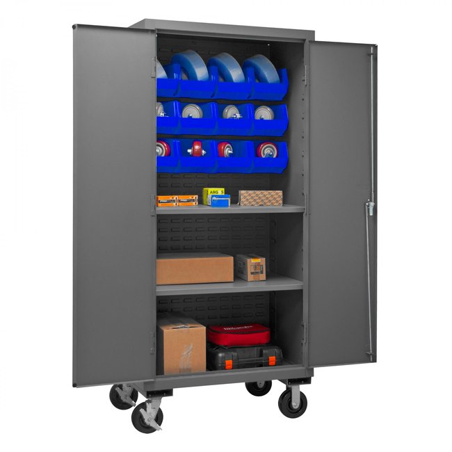 DURHAM MFG 2501M-BLP-12-2S-5295 Mobile Cabinet, 2 Shelves, 12 Blue Bins