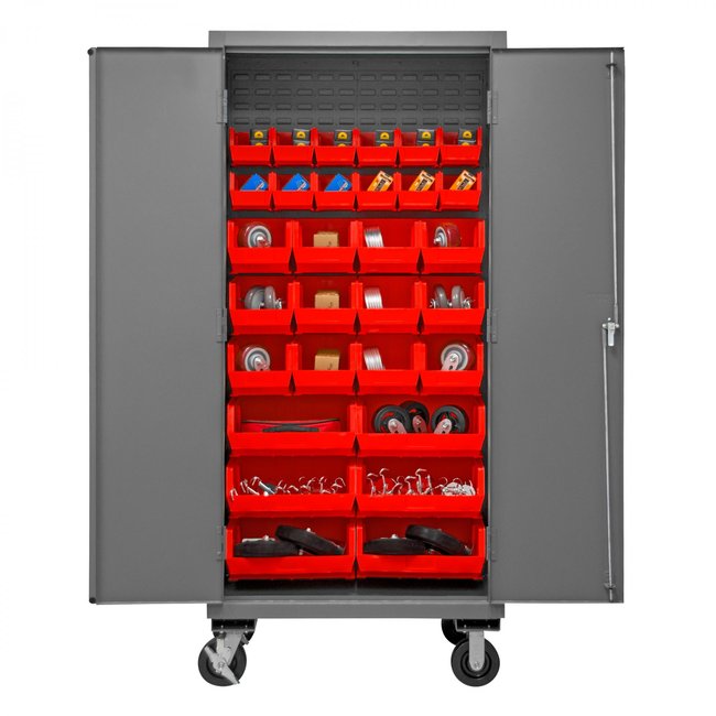 DURHAM MFG 2501M-BLP-30-1795 Mobile Cabinet, 30 Red Bins
