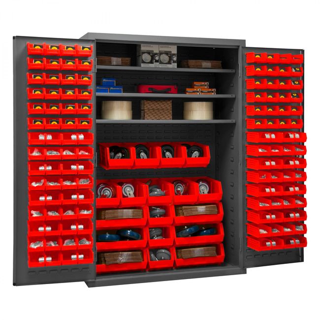 DURHAM MFG 2502-138-3S-1795 Cabinet, 3 Shelves, 138 Red Bins