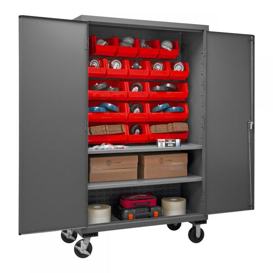 DURHAM MFG 2502M-BLP-18-2S-1795 Mobile Cabinet, 2 Shelves, 18 Red Bins