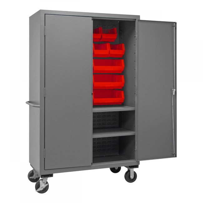 DURHAM MFG 2502M-BLP-18-2S-1795 Mobile Cabinet, 2 Shelves, 18 Red Bins