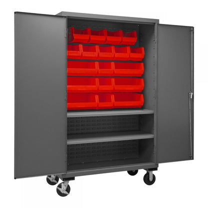 DURHAM MFG 2502M-BLP-18-2S-1795 Mobile Cabinet, 2 Shelves, 18 Red Bins